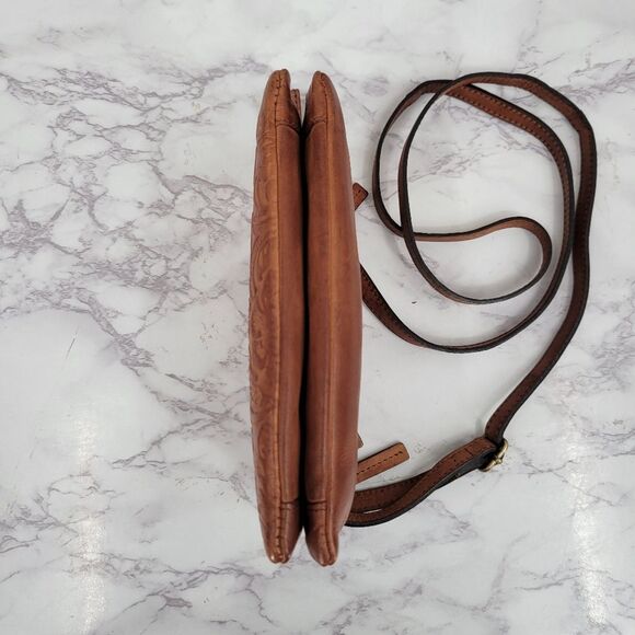Leather Brown Embossed Floral Tooled Mini Crossbody Bag Purse - Picture 4 of 13